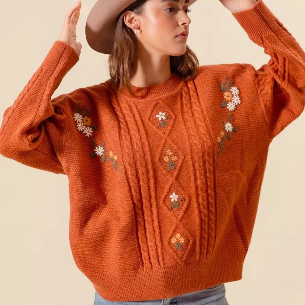 SO ME‎ Embroidered Flower Cable Knitted Sweater